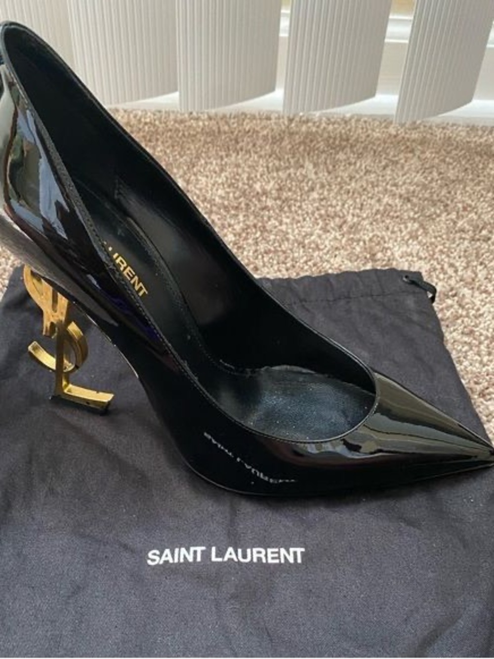 Saint Laurent Black Patent Leather Pump with Gold YSL Heel text if any questions